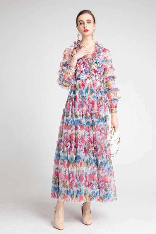 France Luxury Casual Female Long Sleeves Hand Beaded V Neck Ruffles Mesh Ball Gowns Occident Floral 