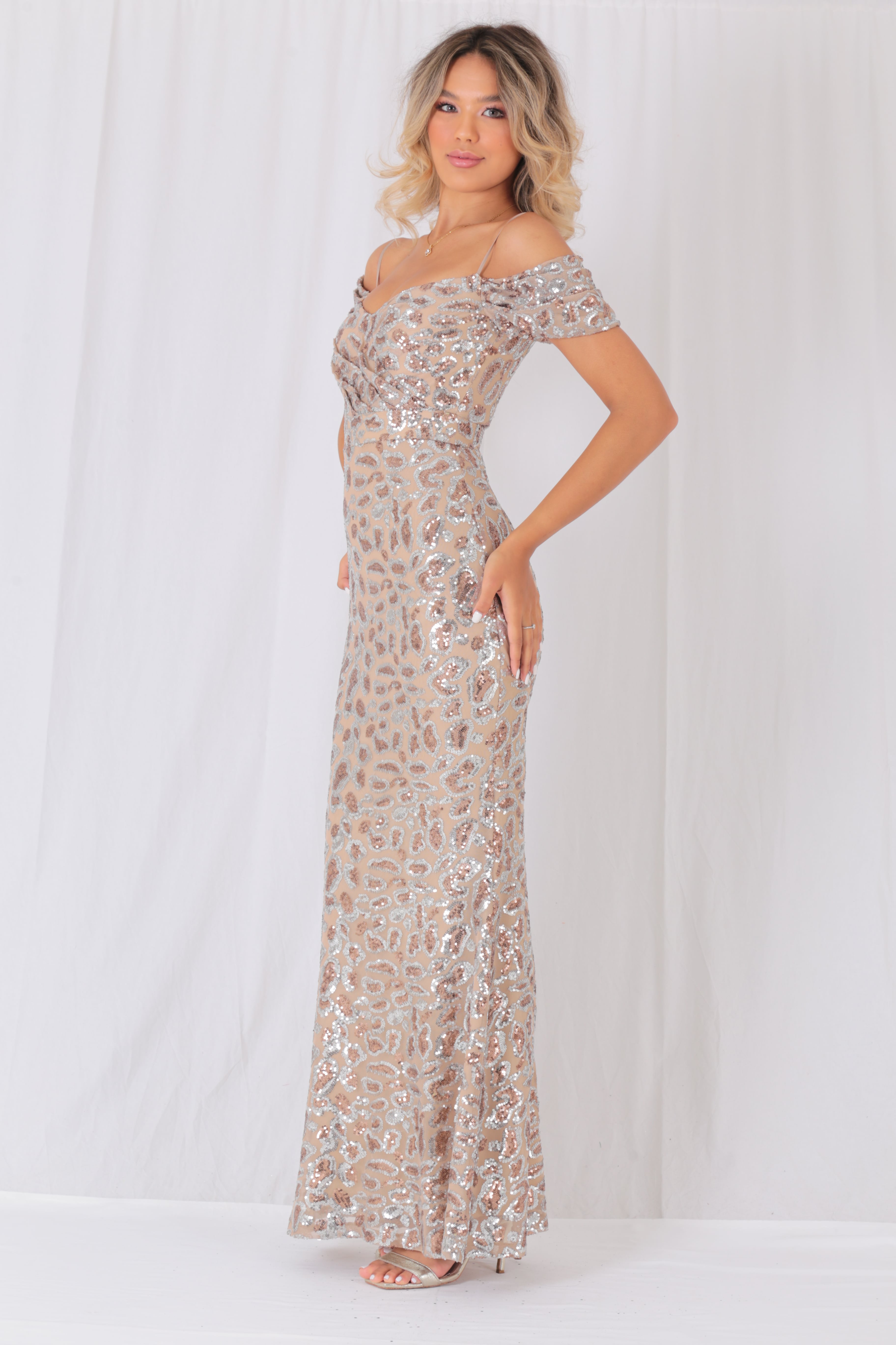 2022 Wholesale Party Dresses Women Lady Elegant Evening Dresses Leopard Sequin Off-The-Shoulder Long