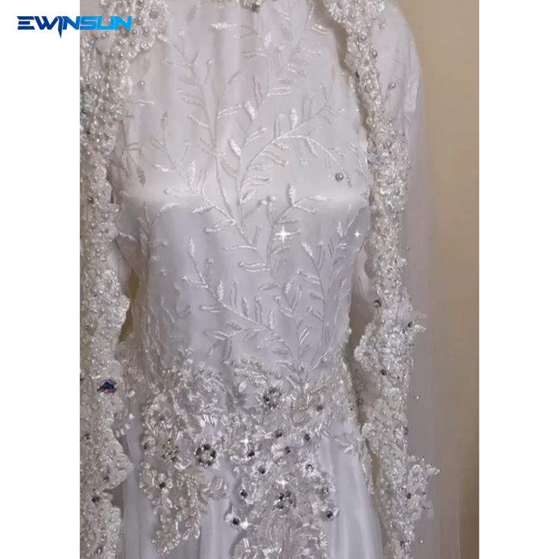 Hot sale Pearl luxury long sleeves muslim Wedding Gowns with Veil shiny crystal beaded arab wedding 