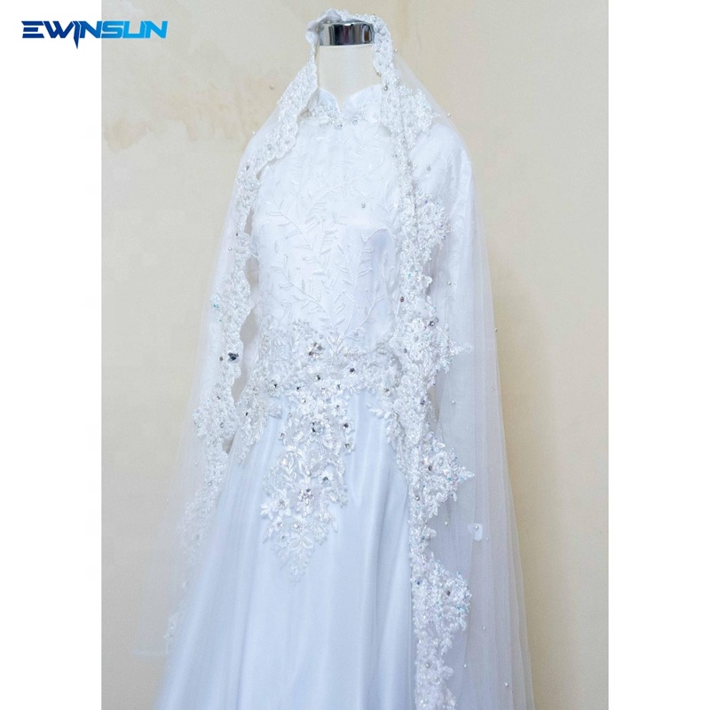 Hot sale Pearl luxury long sleeves muslim Wedding Gowns with Veil shiny crystal beaded arab wedding 