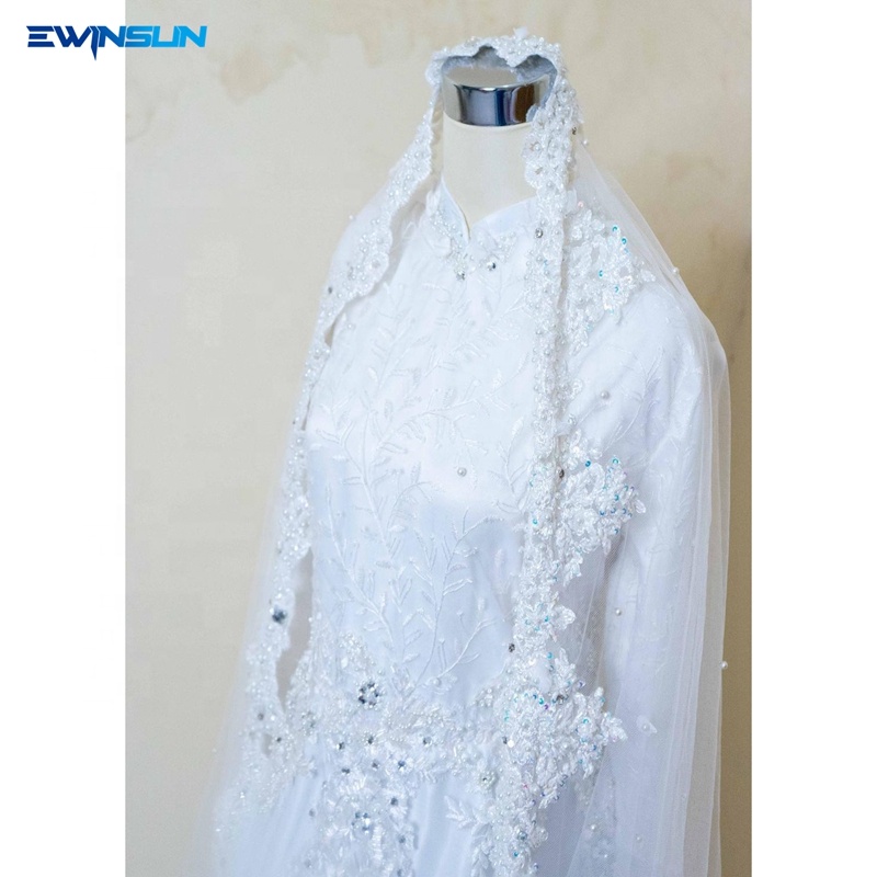 Hot sale Pearl luxury long sleeves muslim Wedding Gowns with Veil shiny crystal beaded arab wedding 