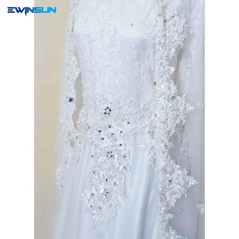 Hot sale Pearl luxury long sleeves muslim Wedding Gowns with Veil shiny crystal beaded arab wedding 