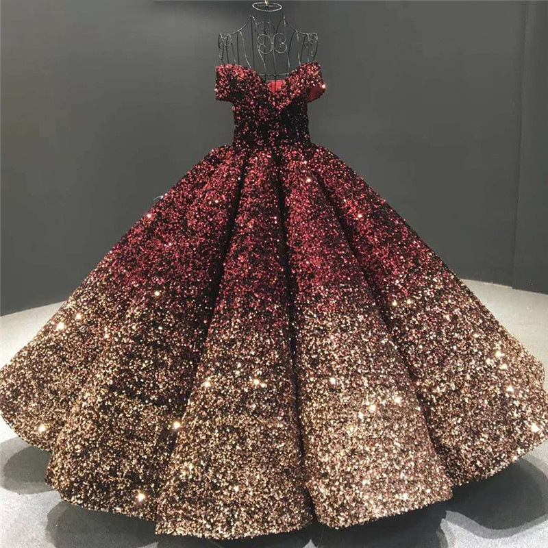 2111 Sequin Princess Dresses Ball Gown Off Shoulder Sequins Shinny wedding dresses party evening bri
