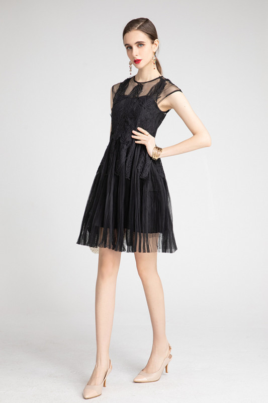 Europe High End Latest Women Party Clothes Mesh Leaf Embroider Pleated Elegant Black Pink Birthday C