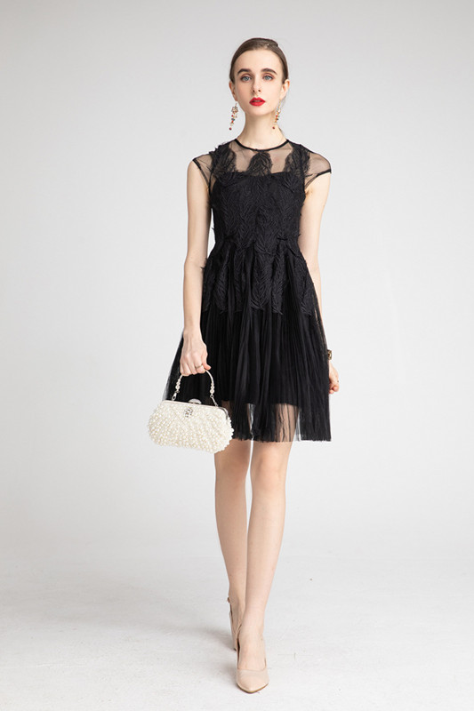 Europe High End Latest Women Party Clothes Mesh Leaf Embroider Pleated Elegant Black Pink Birthday C