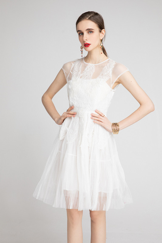 Europe High End Latest Women Party Clothes Mesh Leaf Embroider Pleated Elegant Black Pink Birthday C