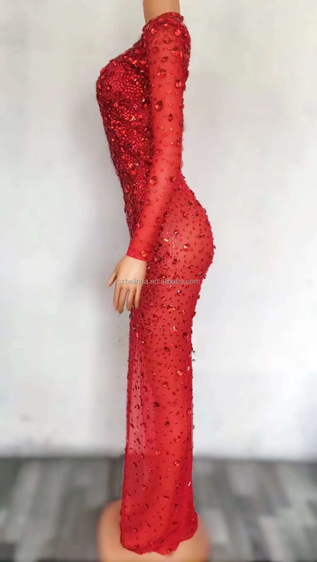 New Design Red Big Crystals Transparent Dress Evening Birthday Celebrate Luxurious Outfit Costume Da