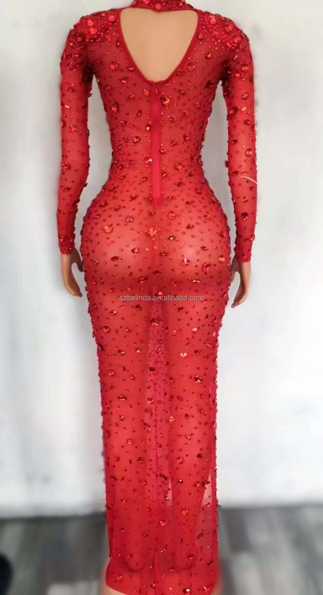 New Design Red Big Crystals Transparent Dress Evening Birthday Celebrate Luxurious Outfit Costume Da