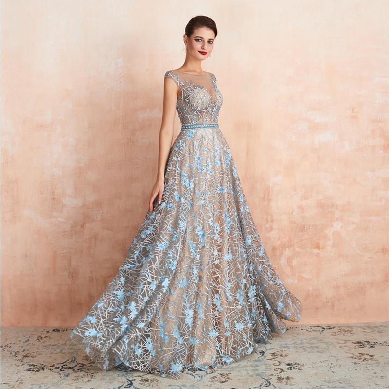 Women Fashion Long Party Gowns Sleeveless A Line Formal Sequin Elegant V Neck Lace Organza Evening D
