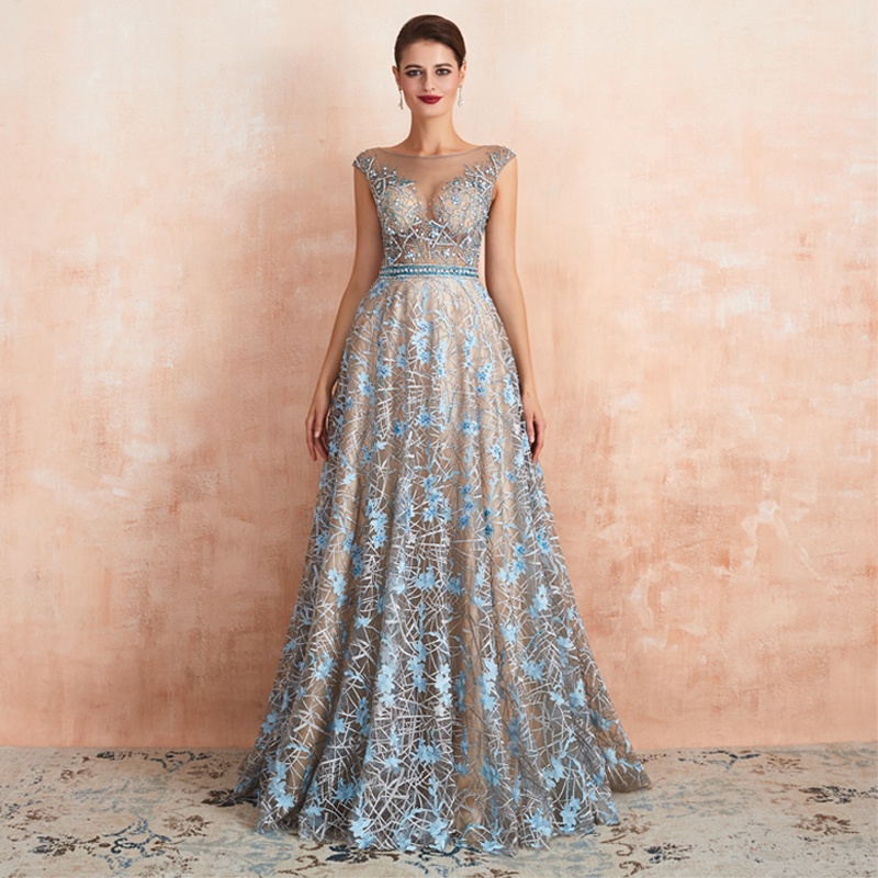 Women Fashion Long Party Gowns Sleeveless A Line Formal Sequin Elegant V Neck Lace Organza Evening D