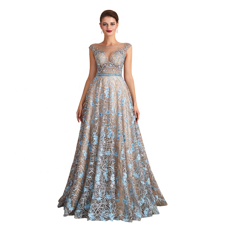 Women Fashion Long Party Gowns Sleeveless A Line Formal Sequin Elegant V Neck Lace Organza Evening D