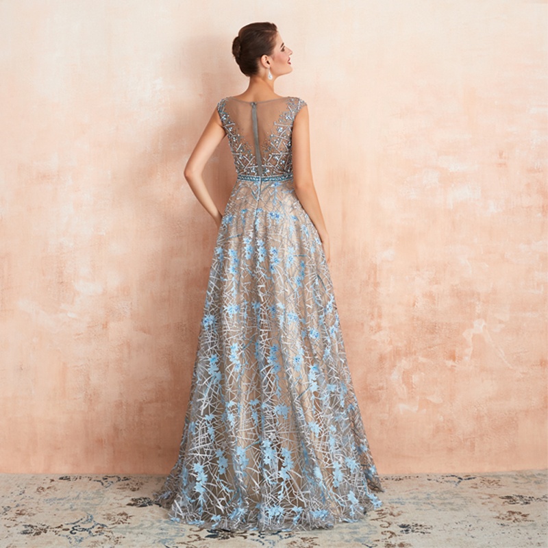 Women Fashion Long Party Gowns Sleeveless A Line Formal Sequin Elegant V Neck Lace Organza Evening D