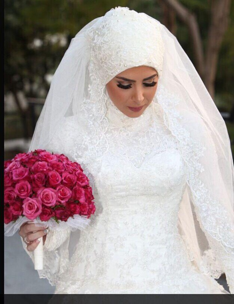 Customize Pure White Arab Long Sleeve Saudi Arabian Wedding Gown High Neck Muslim Bridal Wedding Dre