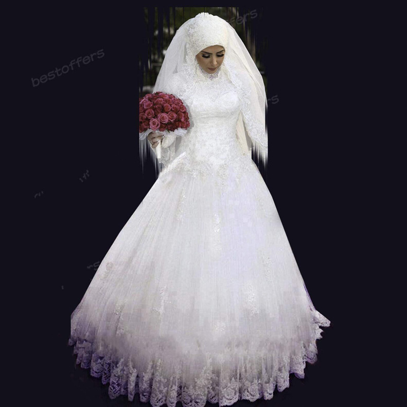 Customize Pure White Arab Long Sleeve Saudi Arabian Wedding Gown High Neck Muslim Bridal Wedding Dre