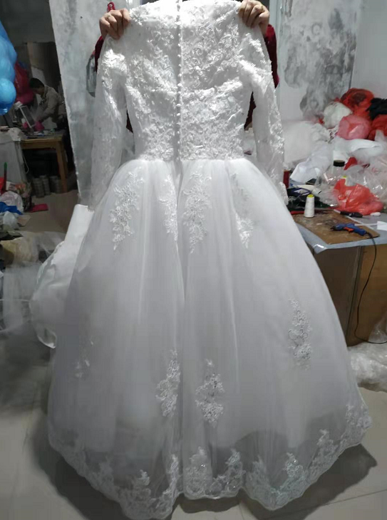 Customize Pure White Arab Long Sleeve Saudi Arabian Wedding Gown High Neck Muslim Bridal Wedding Dre