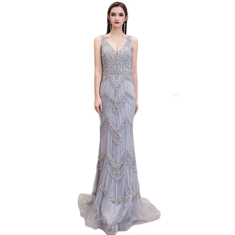 Custom Hand Made Heavy Beading V-Neck Mermaid Long Party Wear Dresses Custom Fashion Ball Gown Sexy 