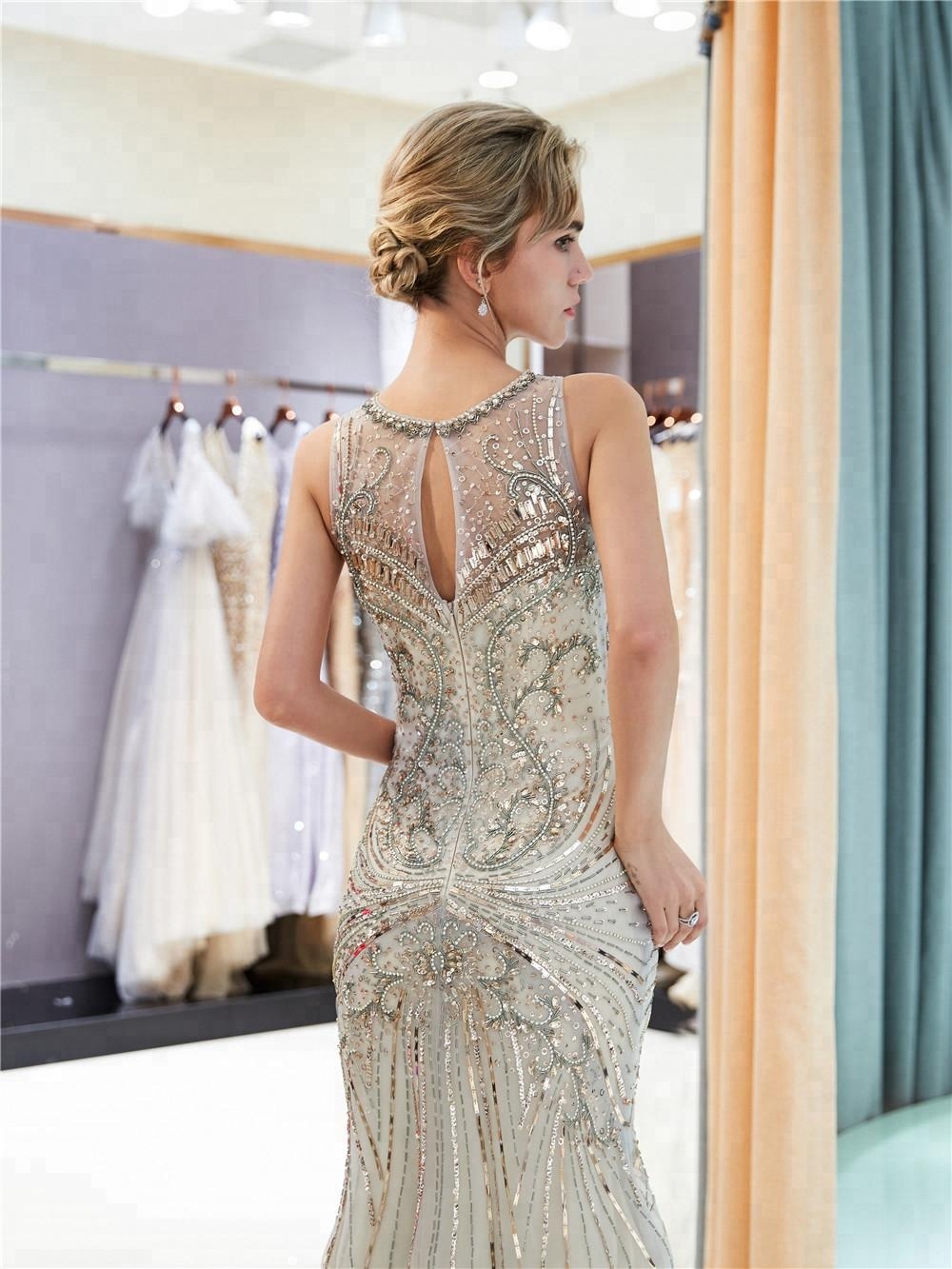 2021 Latest Style  OEM Service Long Tulle Crystal Formal  Lace dress Vestidos De Fiesta Mermaid  Stu