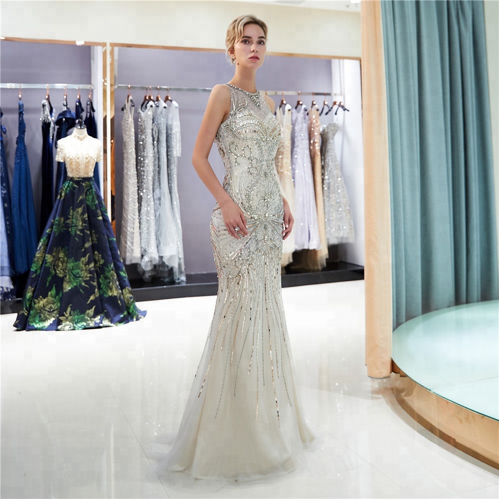 2021 Latest Style  OEM Service Long Tulle Crystal Formal  Lace dress Vestidos De Fiesta Mermaid  Stu