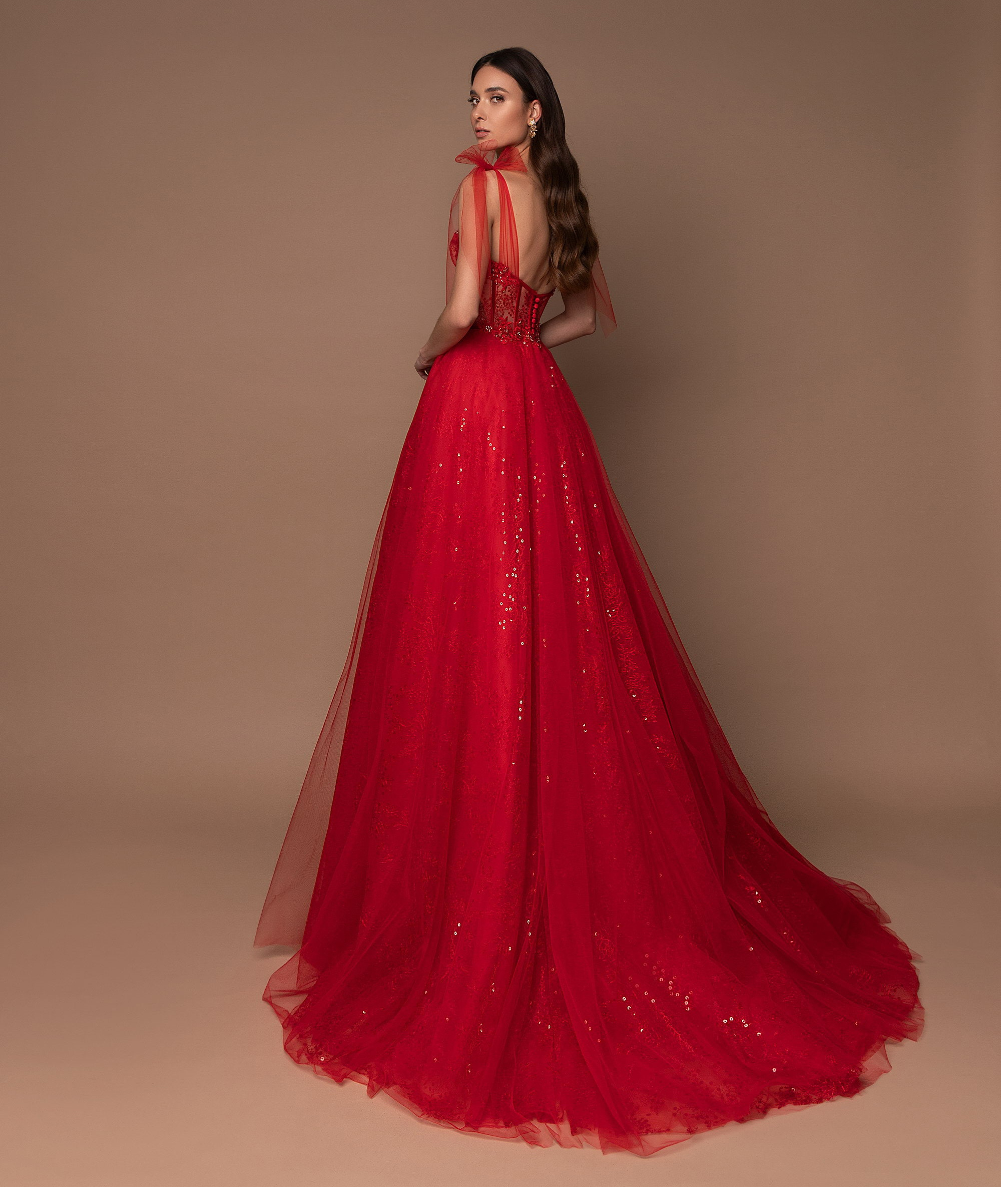 Sexy Backless Tulle Wedding Evening Dress Elegant A-Line Prom Party Sweep Train Evening Dress
