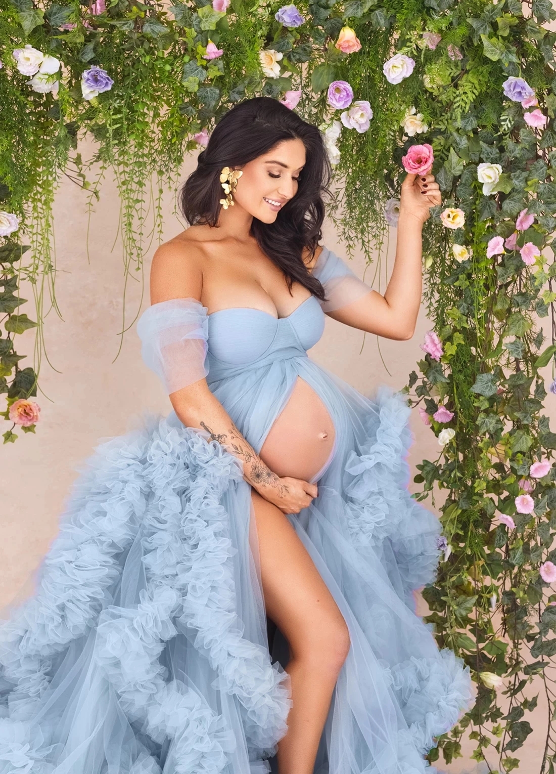 Dusty Blue Maternity Dresses Ball Gown Sleeves Sweetheart Ruffles Puffy Pregnancy Dress For Photo Sh