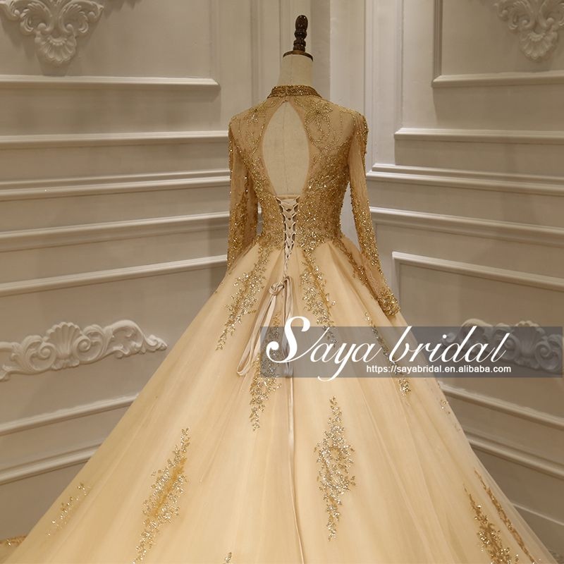 wedding dress bridal gown in stock products popular in dubai manufacturers golden long sleeves high 