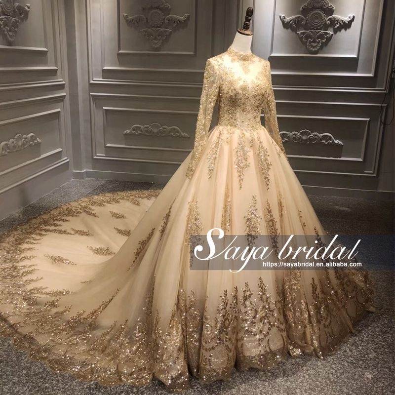 wedding dress bridal gown in stock products popular in dubai manufacturers golden long sleeves high 