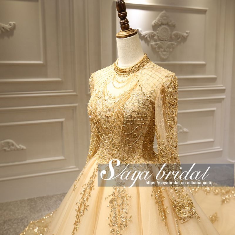 wedding dress bridal gown in stock products popular in dubai manufacturers golden long sleeves high 