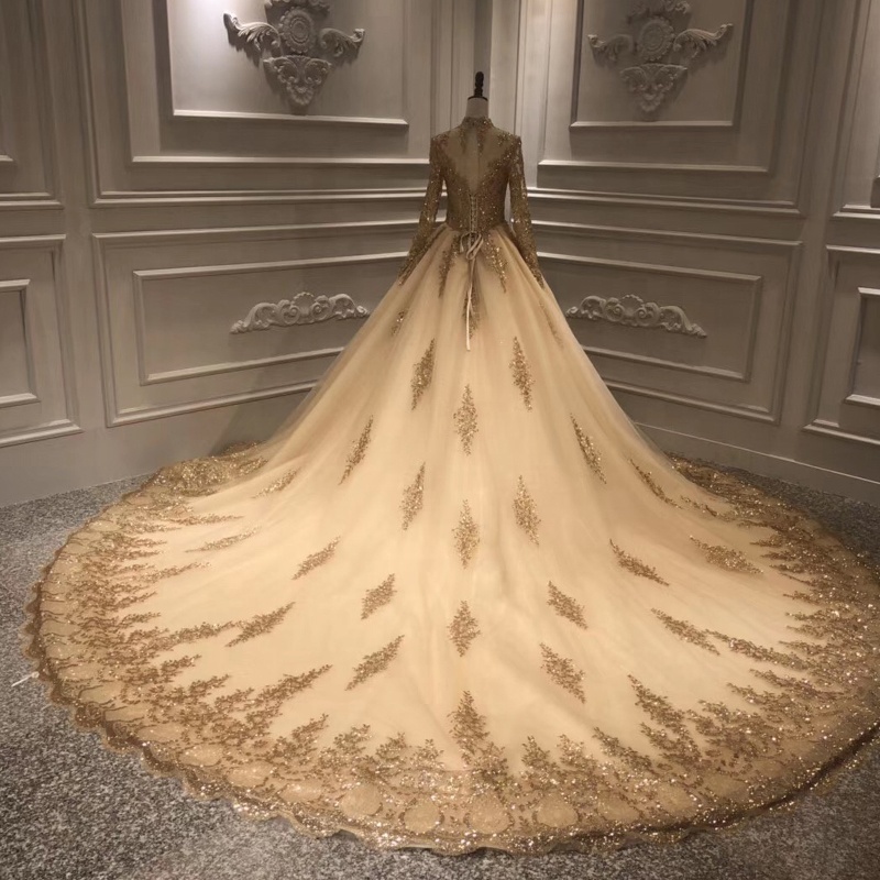 wedding dress bridal gown in stock products popular in dubai manufacturers golden long sleeves high 