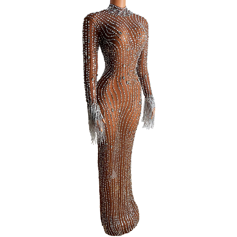 2022 Silver Rhinestones Spandex Dress Women's Birthday Celebrate Outfit Dancer Wear Bar Prom Singer 