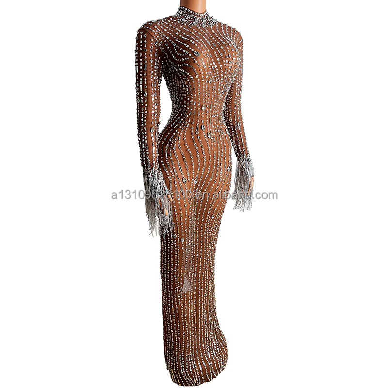 2022 Silver Rhinestones Spandex Dress Women's Birthday Celebrate Outfit Dancer Wear Bar Prom Singer 