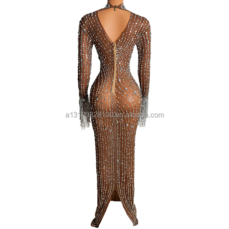 2022 Silver Rhinestones Spandex Dress Women's Birthday Celebrate Outfit Dancer Wear Bar Prom Singer 