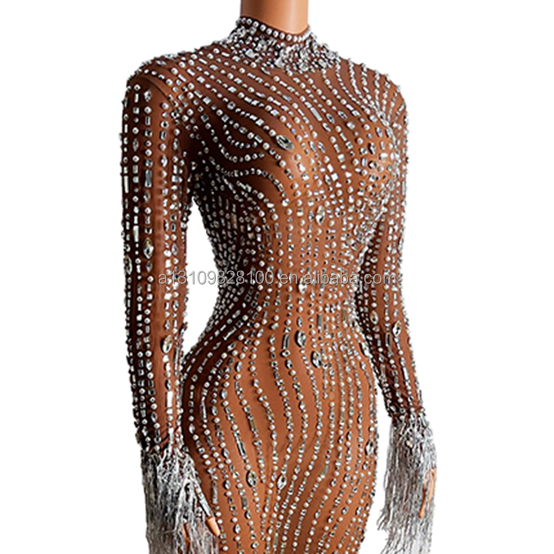 2022 Silver Rhinestones Spandex Dress Women's Birthday Celebrate Outfit Dancer Wear Bar Prom Singer 