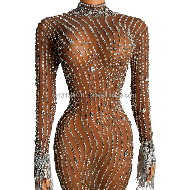 2022 Silver Rhinestones Spandex Dress Women's Birthday Celebrate Outfit Dancer Wear Bar Prom Singer 