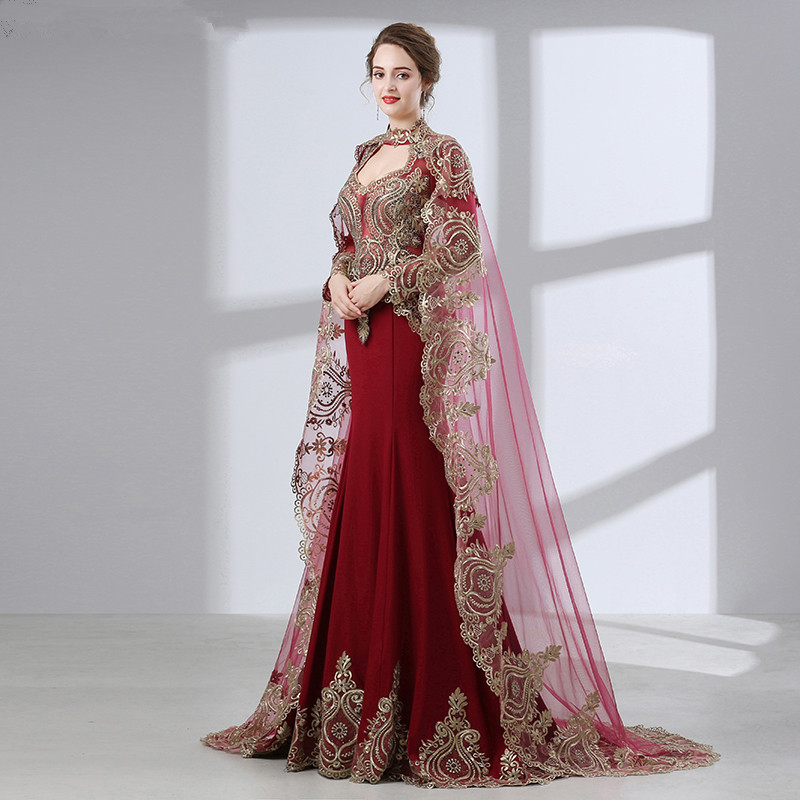 Luxury Wine Red Long Sleeve Muslim Dubai kaftans Pakistani Evening Dress Golden Lace Mermaid Dress W