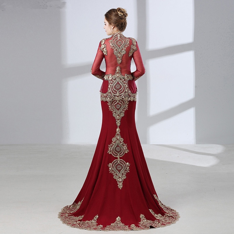 Luxury Wine Red Long Sleeve Muslim Dubai kaftans Pakistani Evening Dress Golden Lace Mermaid Dress W