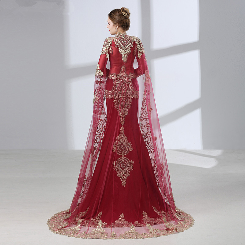 Luxury Wine Red Long Sleeve Muslim Dubai kaftans Pakistani Evening Dress Golden Lace Mermaid Dress W