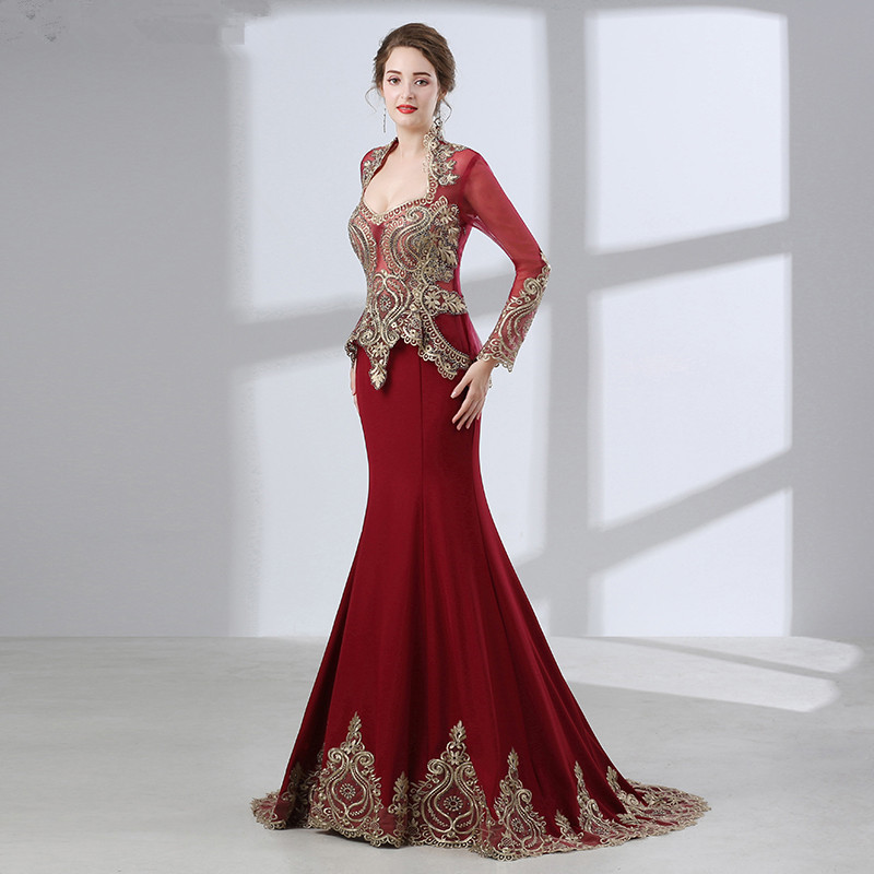 Luxury Wine Red Long Sleeve Muslim Dubai kaftans Pakistani Evening Dress Golden Lace Mermaid Dress W