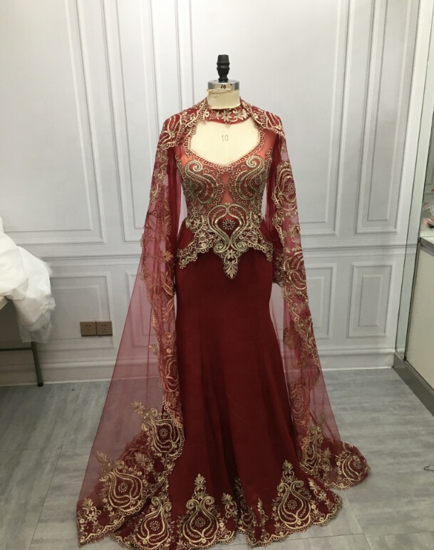Luxury Wine Red Long Sleeve Muslim Dubai kaftans Pakistani Evening Dress Golden Lace Mermaid Dress W