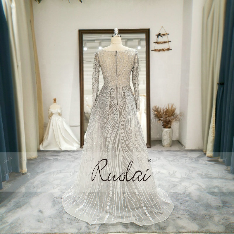 ASA-0199 Modest Elegant Beaded Lace with Crystal Muslim Arabic Long Sleeves Evening Dress