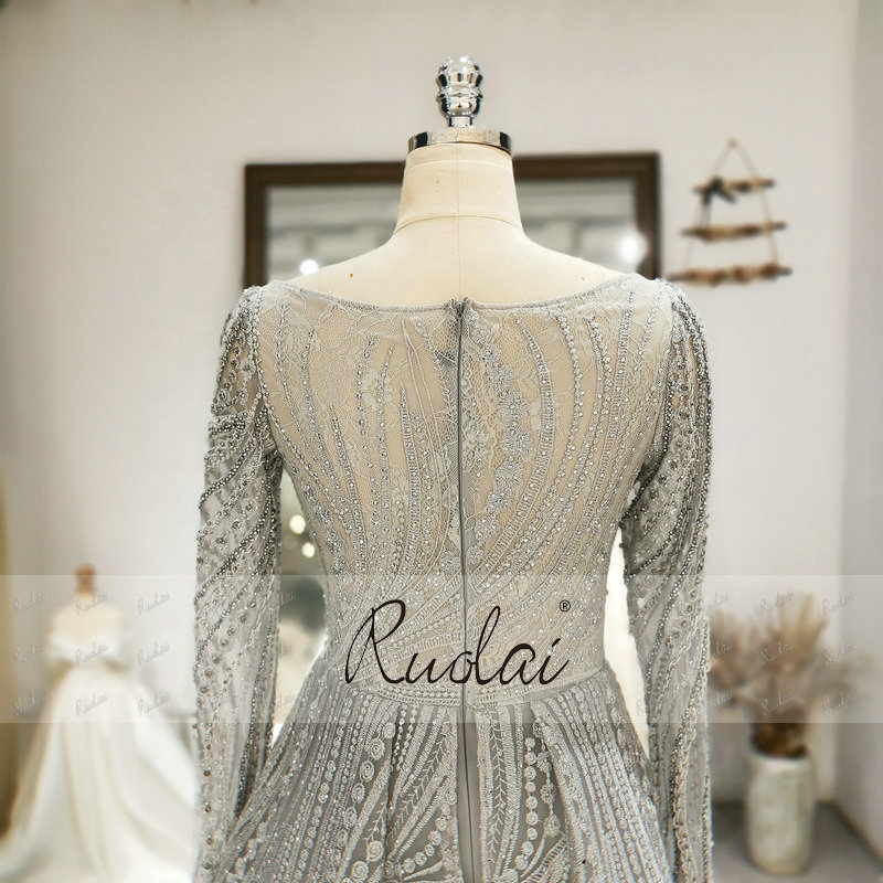 ASA-0199 Modest Elegant Beaded Lace with Crystal Muslim Arabic Long Sleeves Evening Dress