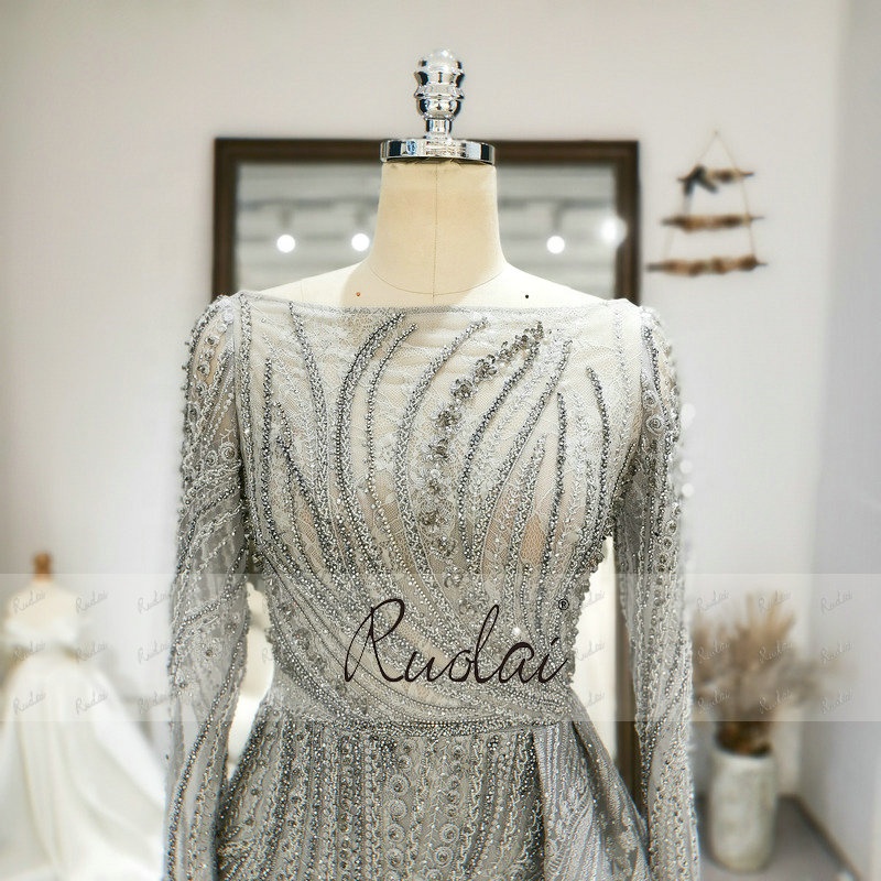 ASA-0199 Modest Elegant Beaded Lace with Crystal Muslim Arabic Long Sleeves Evening Dress