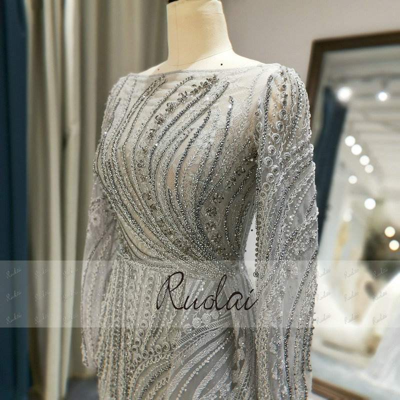ASA-0199 Modest Elegant Beaded Lace with Crystal Muslim Arabic Long Sleeves Evening Dress