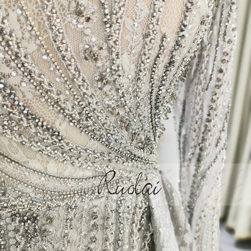ASA-0199 Modest Elegant Beaded Lace with Crystal Muslim Arabic Long Sleeves Evening Dress
