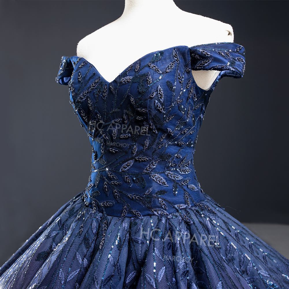 Elegant Evening Party Dresses Navy Blue Ball Gown Off The Shoulder Shiny Beading Women Custom Weddin