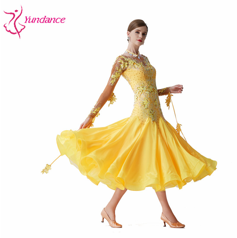B-19543 Custom High Quality Ballroom Party Dress High-end Yellow Long Waltz Dance Dress Smooth Moder