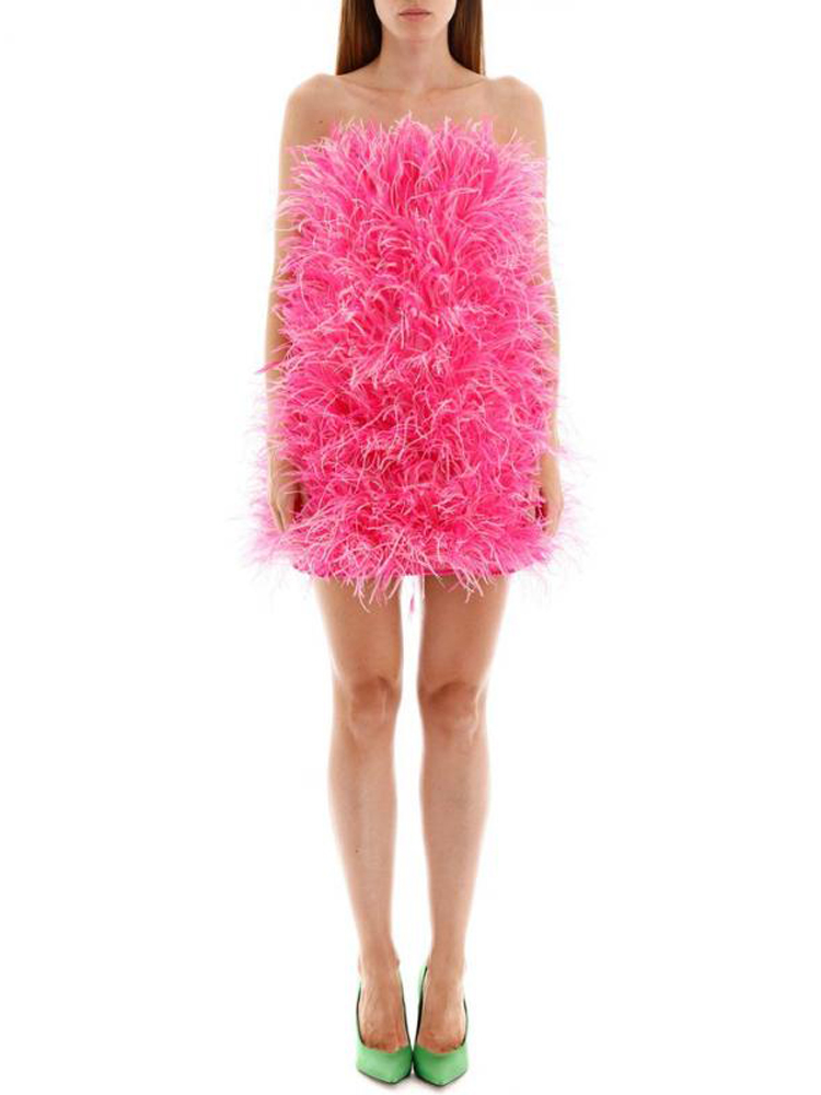 Factory Direct Supply Fashion off Shoulder Mini Pink Ostrich Feather Dress