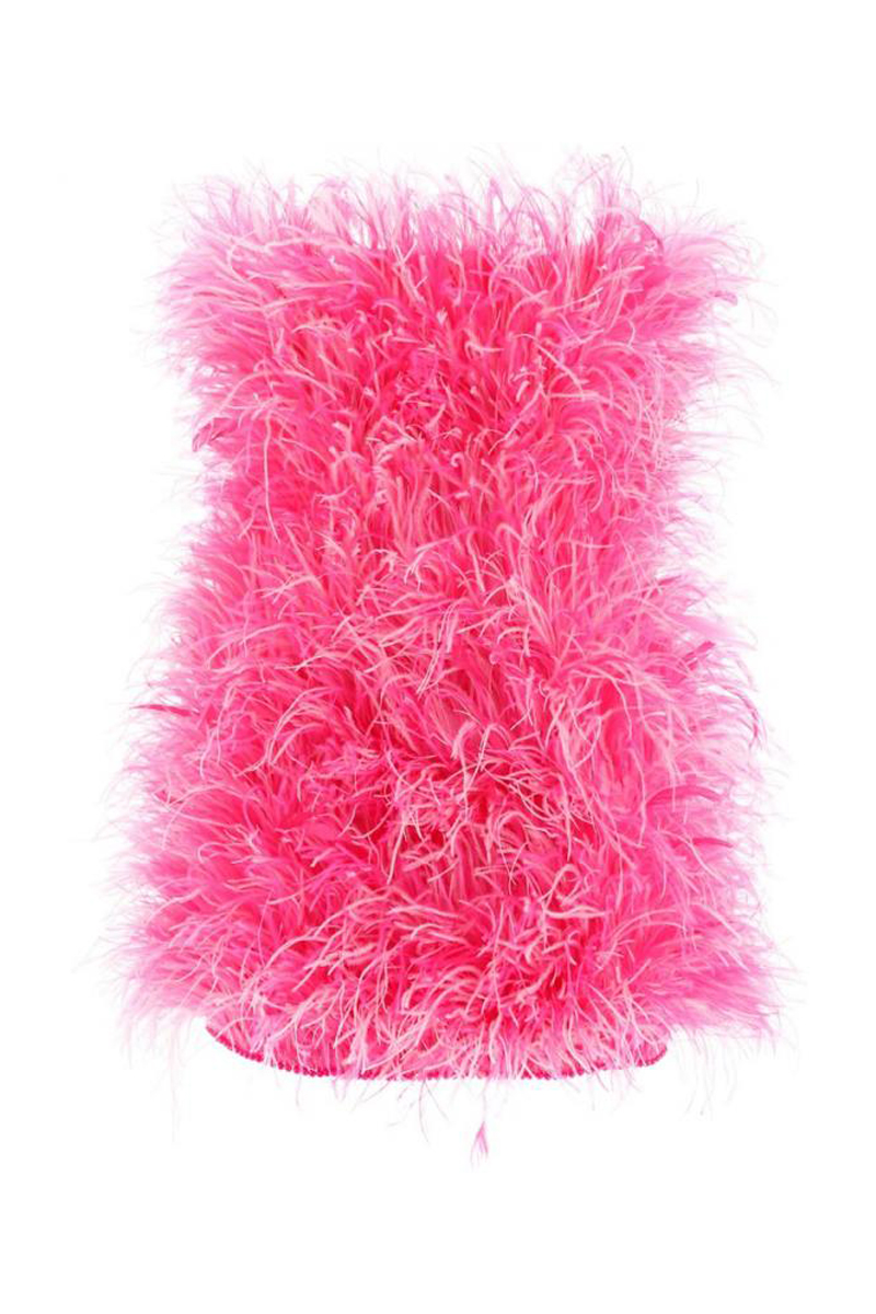 Factory Direct Supply Fashion off Shoulder Mini Pink Ostrich Feather Dress
