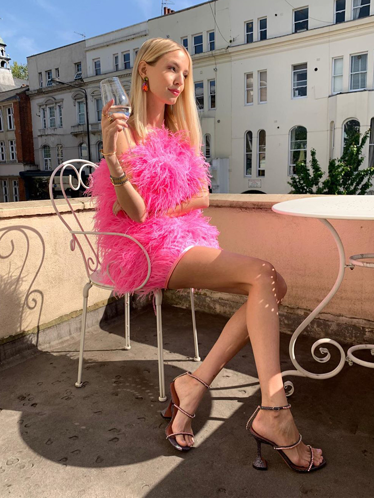 Factory Direct Supply Fashion off Shoulder Mini Pink Ostrich Feather Dress