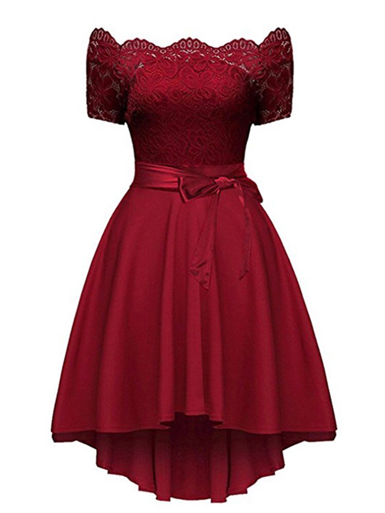 Red Lace Dress Women Patchwork Slash Neck Short Sleeve Sashes Tunic Dress 2022 Summer Ladies Sexy Ev