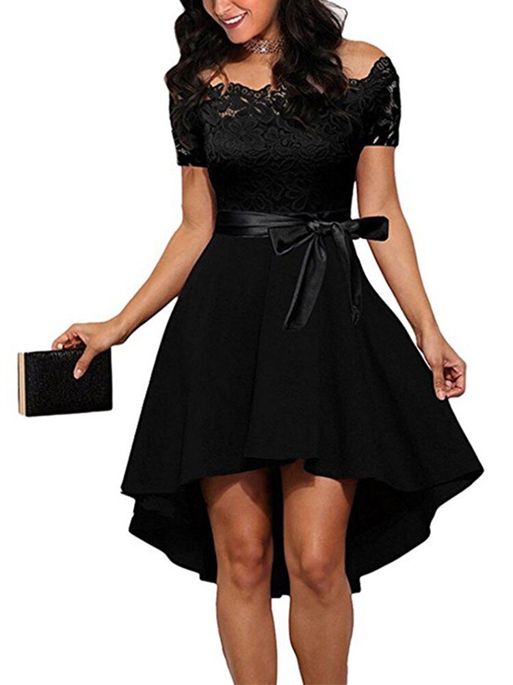 Red Lace Dress Women Patchwork Slash Neck Short Sleeve Sashes Tunic Dress 2022 Summer Ladies Sexy Ev